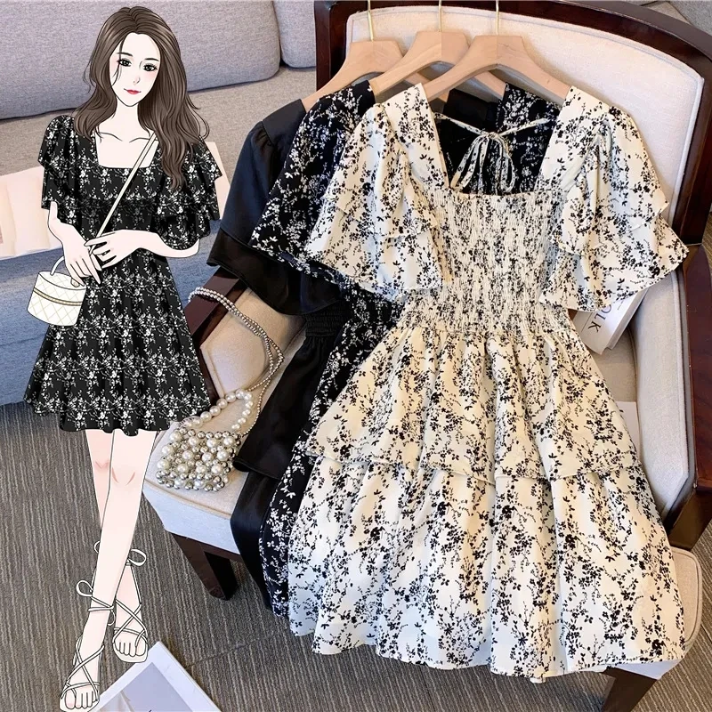 大码女装2025新款胖mm遮肚子显瘦洋气减龄a字法式雪纺碎花连衣裙