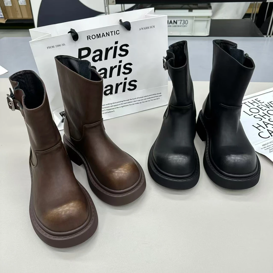 2024冬季新款时尚百搭厚底中筒圆头休闲马丁靴 M-22