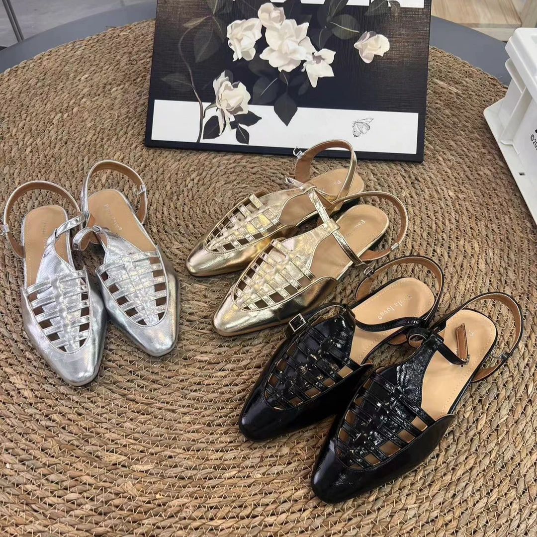 2024秋季新款透气平底后空法式编织镂空包头凉鞋 088