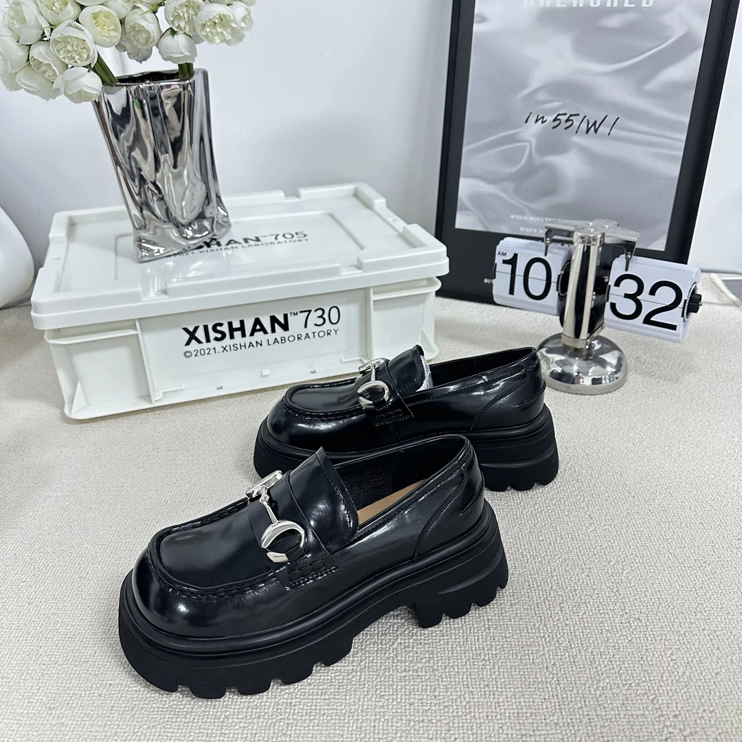 英伦风松糕厚底小皮鞋女2025春季增高一脚蹬乐福鞋29118-50  NBD