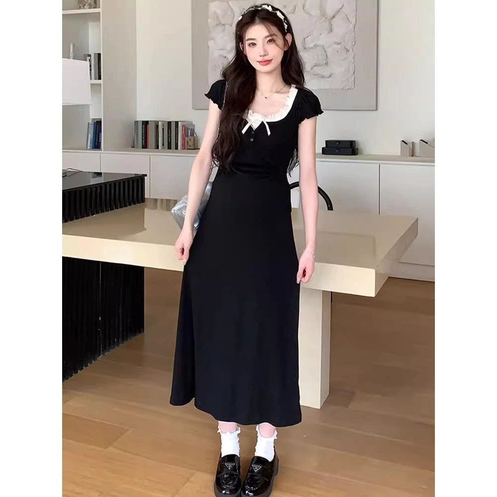 孕妇连衣裙夏款2024新款时尚修身甜美法式拼接方领长裙夏季孕妇裙