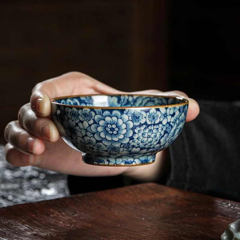 老陶泥茶杯普洱杯手绘青花万花主人杯柴窑开片全手工满绘品茗杯单