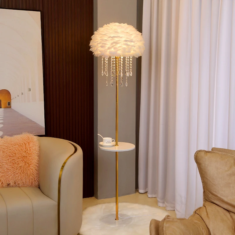 落地灯轻奢羽毛水晶茶几置物床头沙发边客厅卧室浪漫氛围立式台灯