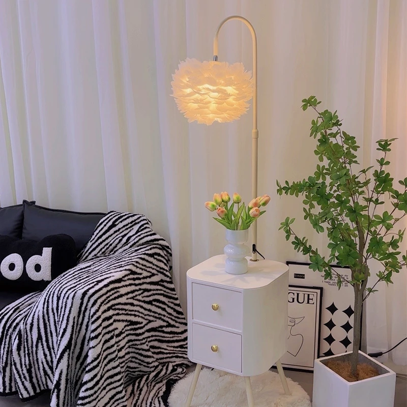 奶油风床头柜落地灯带抽屉羽毛卧室客厅沙发边轻奢简约温馨柜灯