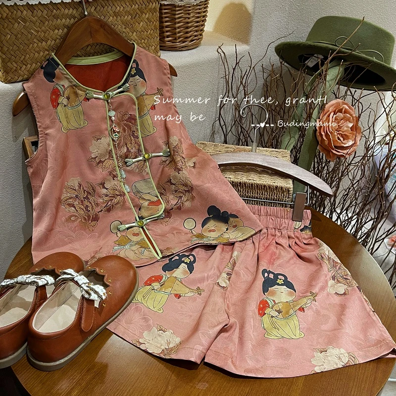 现货【仕女图】女童夏装套装2024洋气甜美时尚复古夏季两件套