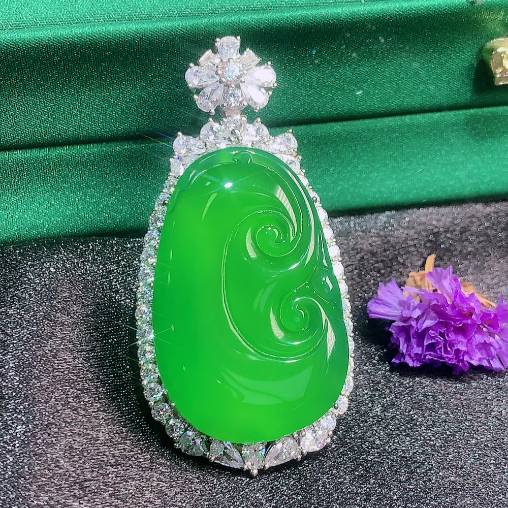 「霞姐珠宝」天然绿玉髓绿如意s925银镶嵌吊坠