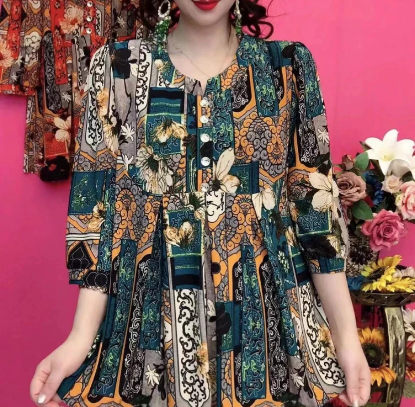 2024夏季新款7分袖花色时尚百搭连衣裙