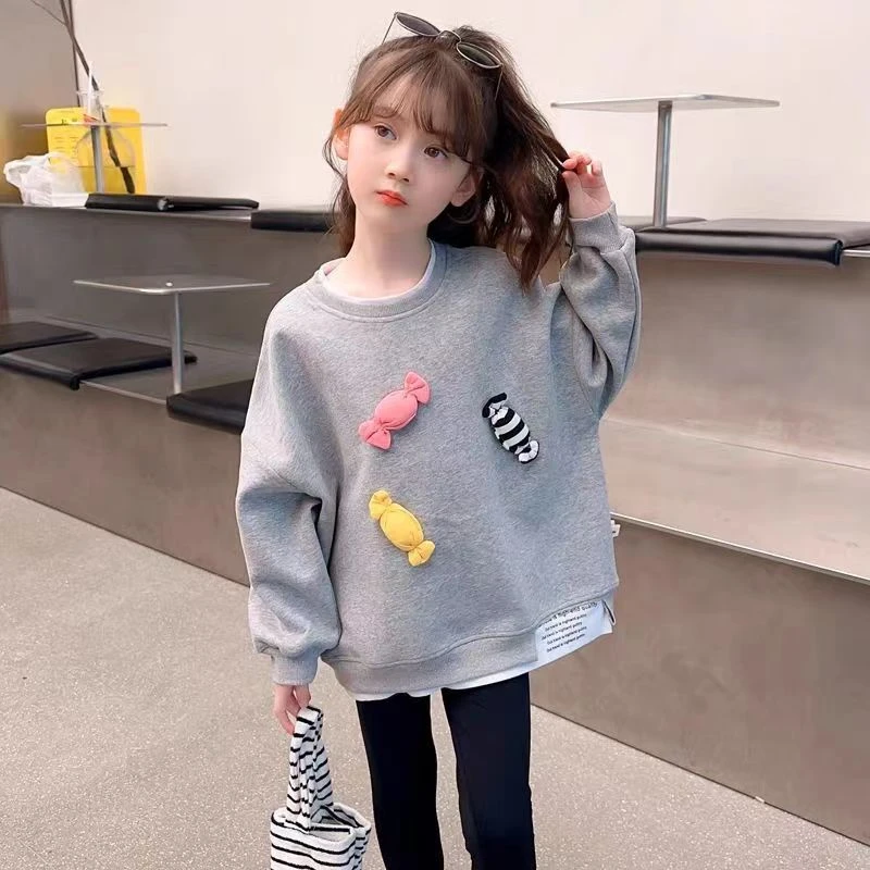 女童卫衣春装2024新款小女孩宽版灰色长袖春秋中长款儿童休闲上衣