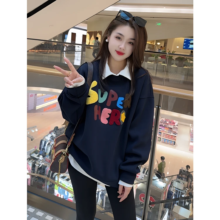 【闺蜜轻奢】爆款彩色字母植绒印花圆领卫衣宽松百搭显瘦加绒上衣女