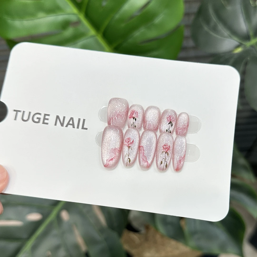 TugeNail【六六】“水雾玫瑰"夏季手绘玫瑰猫眼穿戴甲