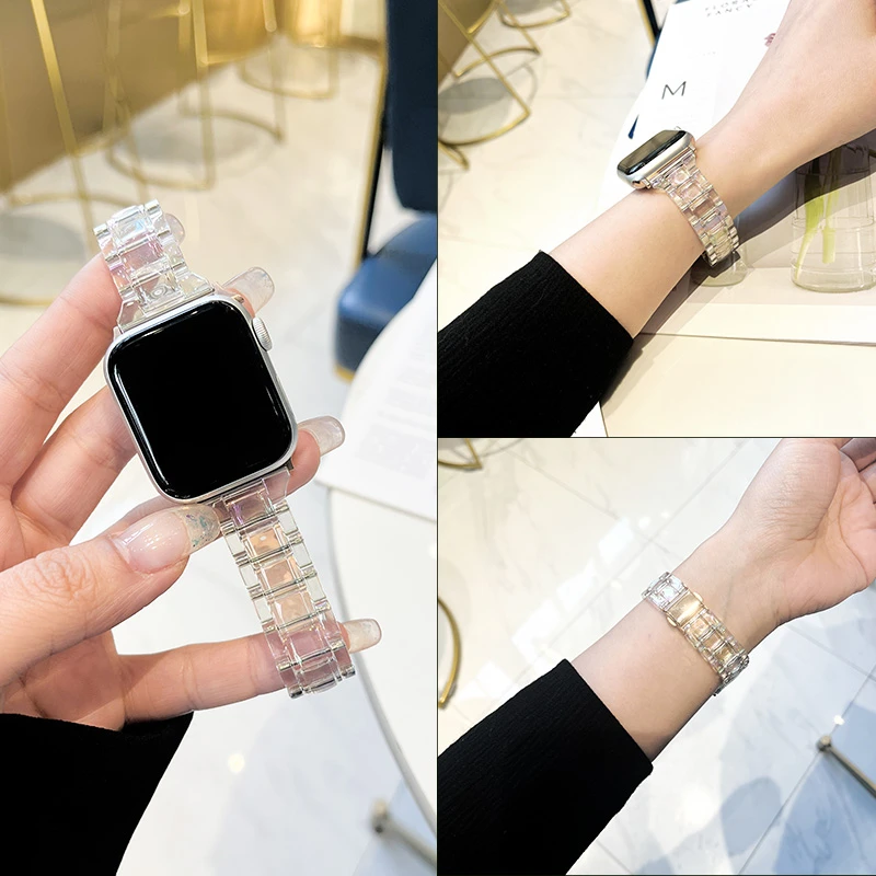 Dolah透明七彩水晶镭射表带适用Applewatch3456789代SE iwatch 23
