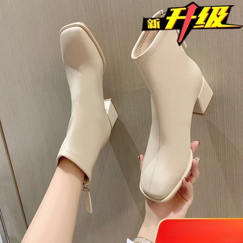 高跟方头弹力瘦瘦法式小短靴女鞋2023新款秋冬季棕色马丁靴单靴子