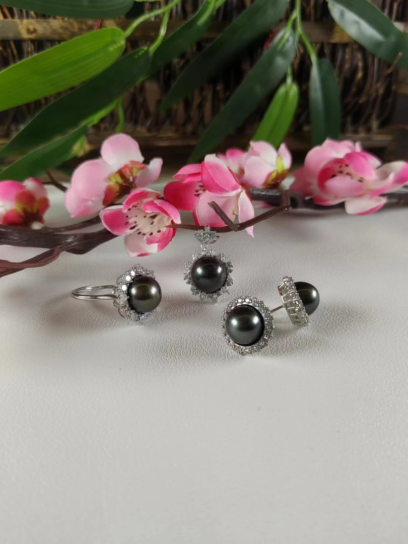 【睿泽鉴宝】S925大溪地珍珠戒指耳钉吊坠三件套 9.5-11mm GS0099