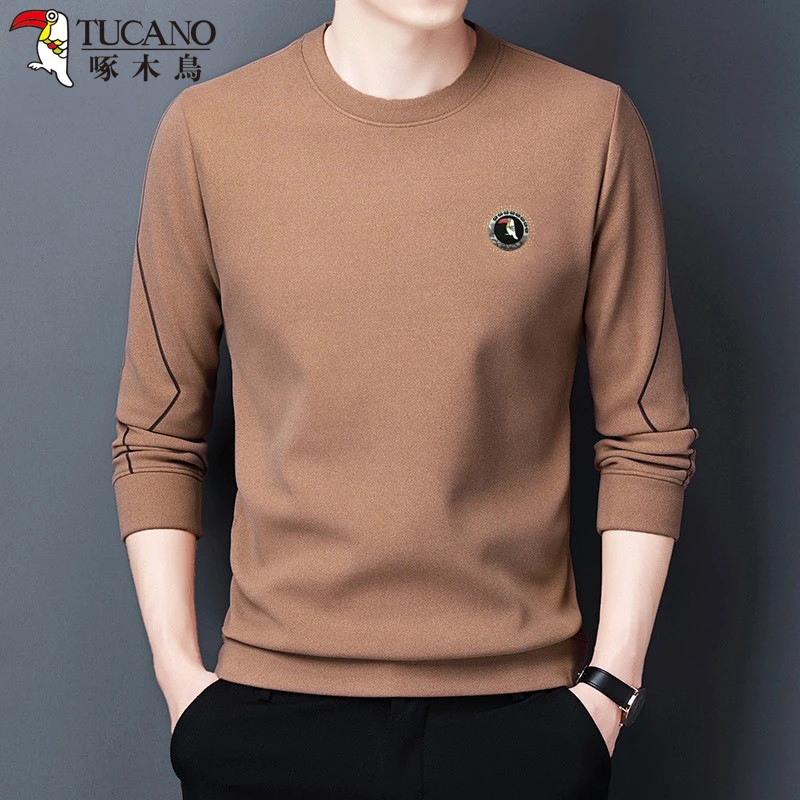 啄木鸟套头卫衣秋冬新款双面德绒男士长袖T恤 圆领加绒保暖打底衫