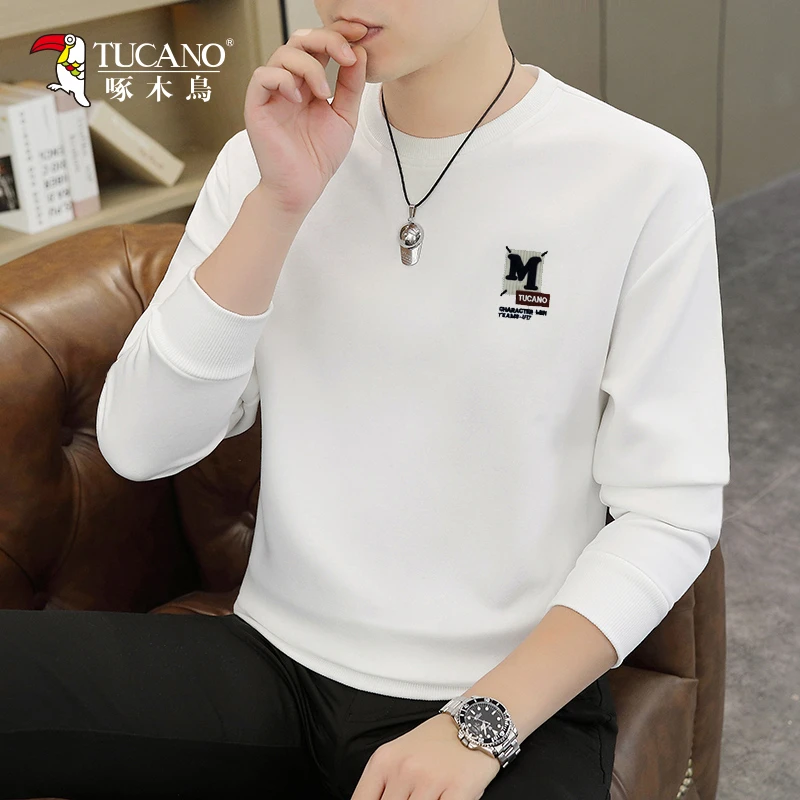 啄木鸟2024秋冬新款男士T恤舒适百搭宽松圆领男款打底衫卫衣XJ
