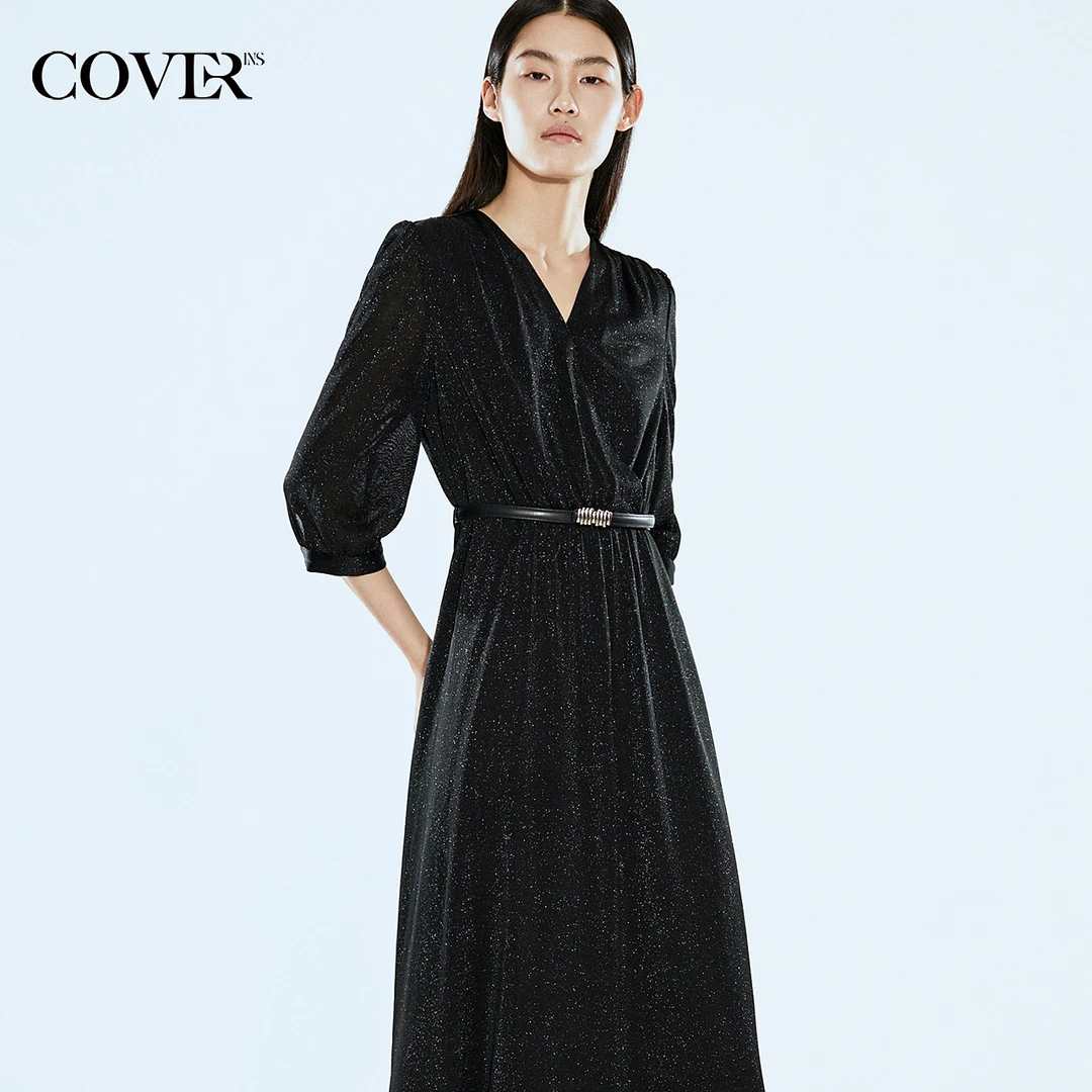 COVERINS秋季细闪垂感捏褶醋酸混纺连衣裙