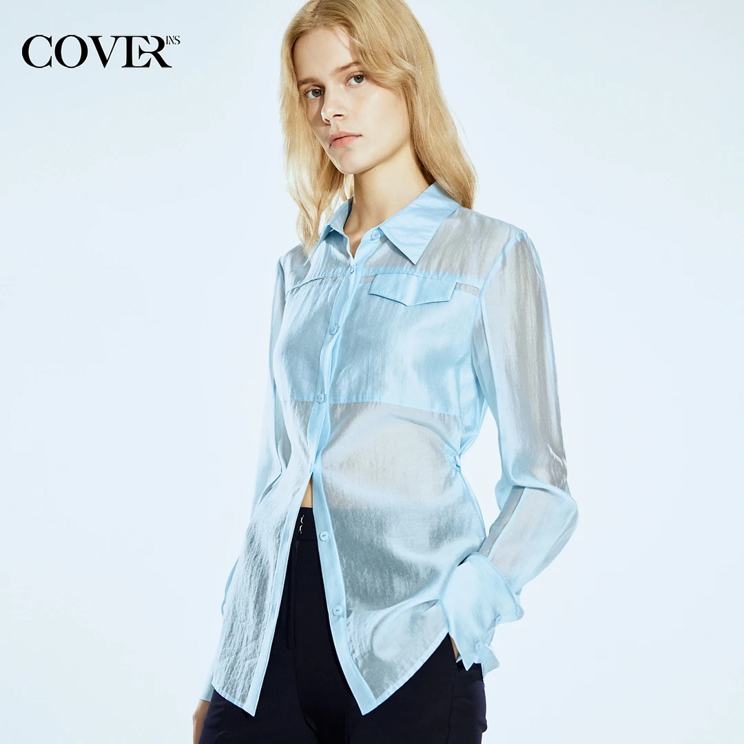 COVERINS夏季莱赛尔透视感衬衣修身空气感衬衫