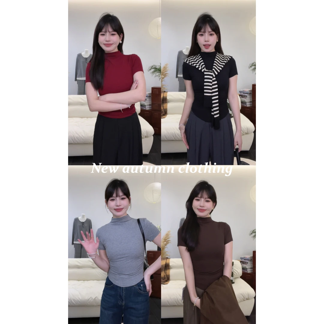 初秋半高领褶皱收腰辣妹正肩短袖小众t恤内搭打底衫女上衣显瘦t恤