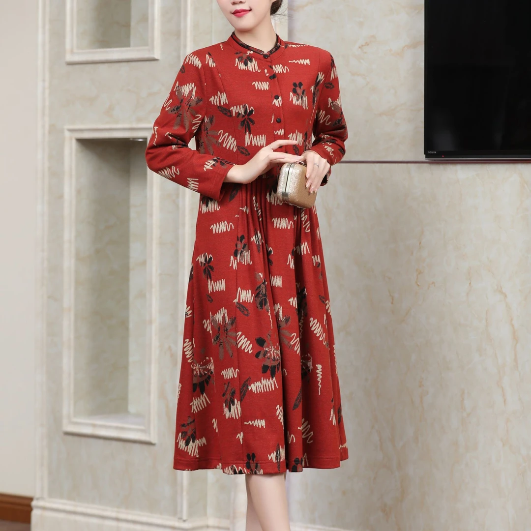 秋冬新款羊毛裙长款加厚时尚百搭女士休闲款碎花气质复古显瘦