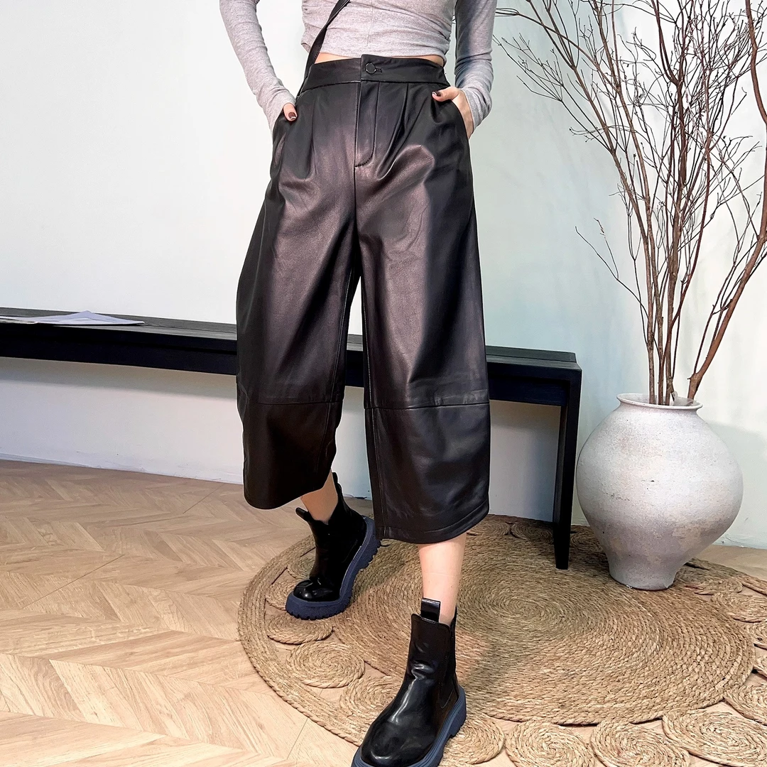 哈伦裤女款2025秋新款黑色真皮皮裤松紧腰八分裤绵羊皮阔腿休闲裤