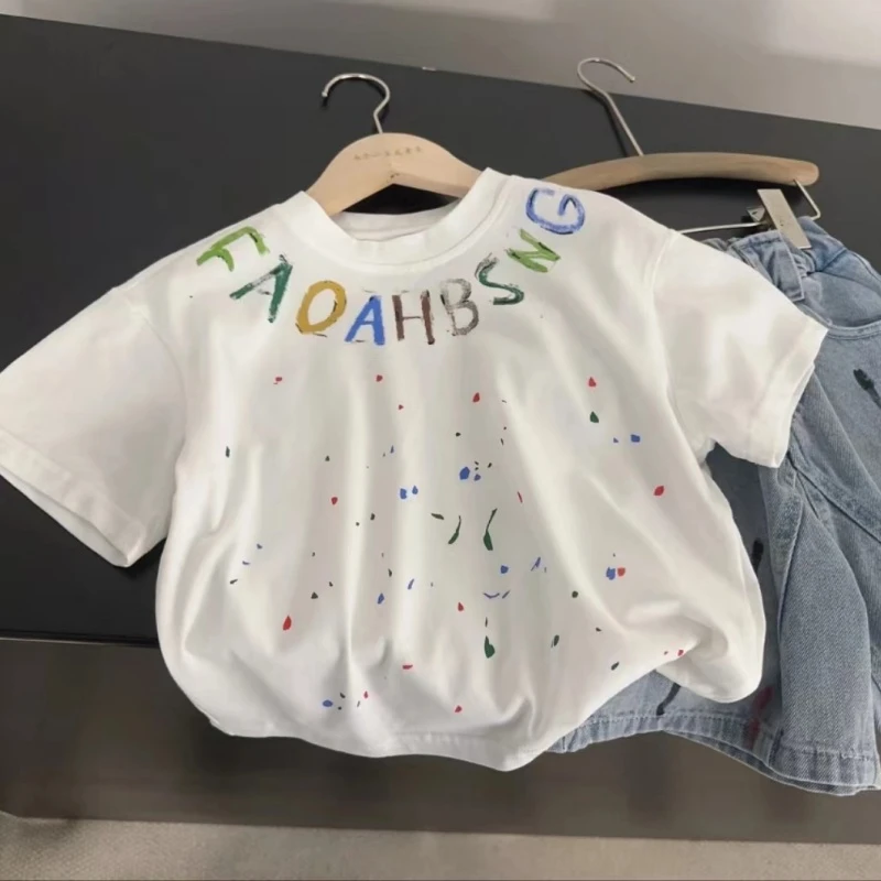 男童2024夏季新款儿童彩色工艺字母儿童痞帅炸街T恤