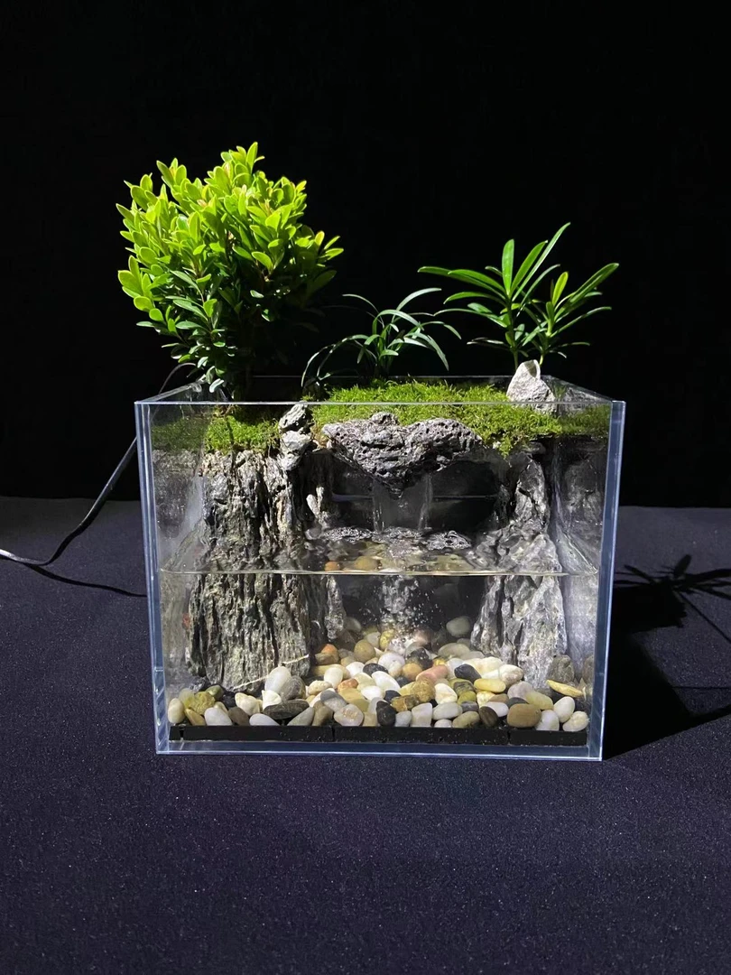 （天门山）创意景观金晶超白五线鱼缸带流水真植物青龙石纯手工造景