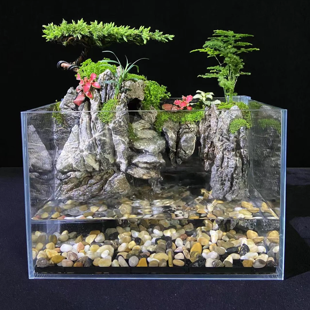 《一手遮天》创意绿植苔藓景养鱼鱼缸雾化流水青龙石造景30*20*18