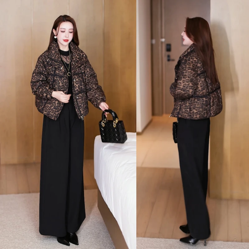 2024冬季新款豹纹棉衣面包服百搭时尚保暖抗寒立领短款棉服