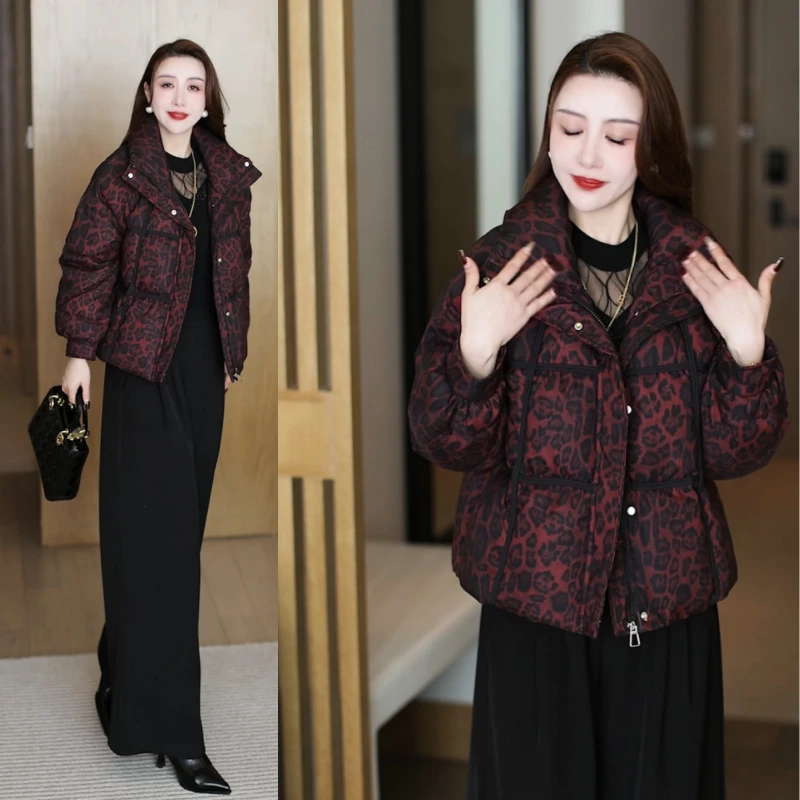2024冬季新款豹纹棉衣面包服百搭时尚保暖抗寒立领短款棉服