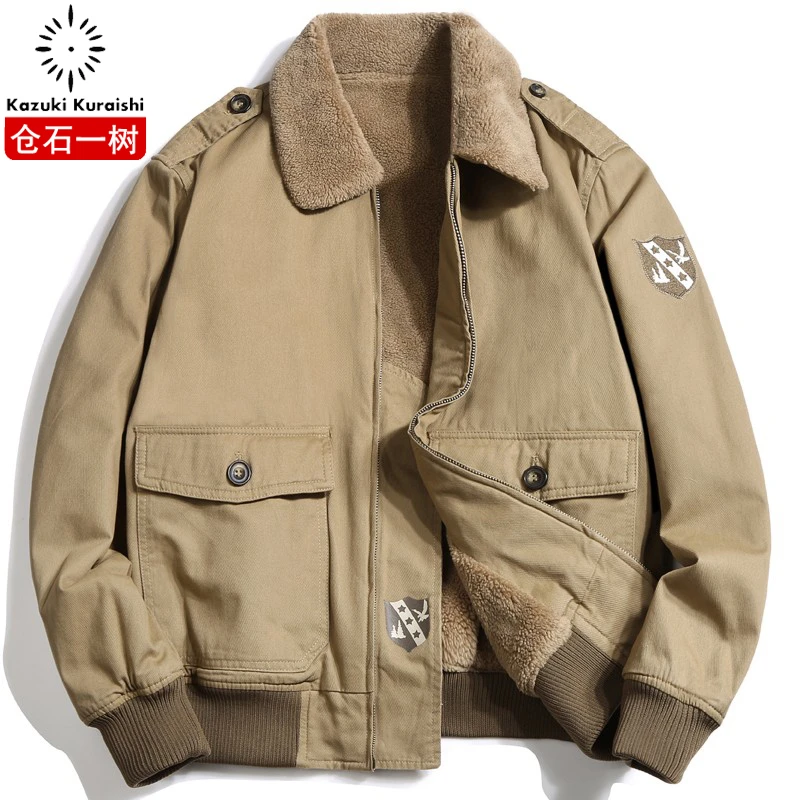 仓石一树日系潮牌卡其色羊羔毛棉衣男冬季加厚加绒飞行员夹克外套
