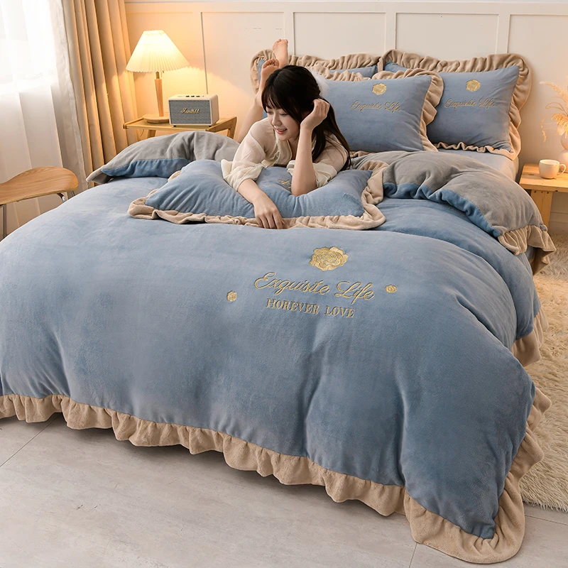 2024新款韩版加厚保暖牛奶绒四件套冬季纯色加绒刺绣床上用品