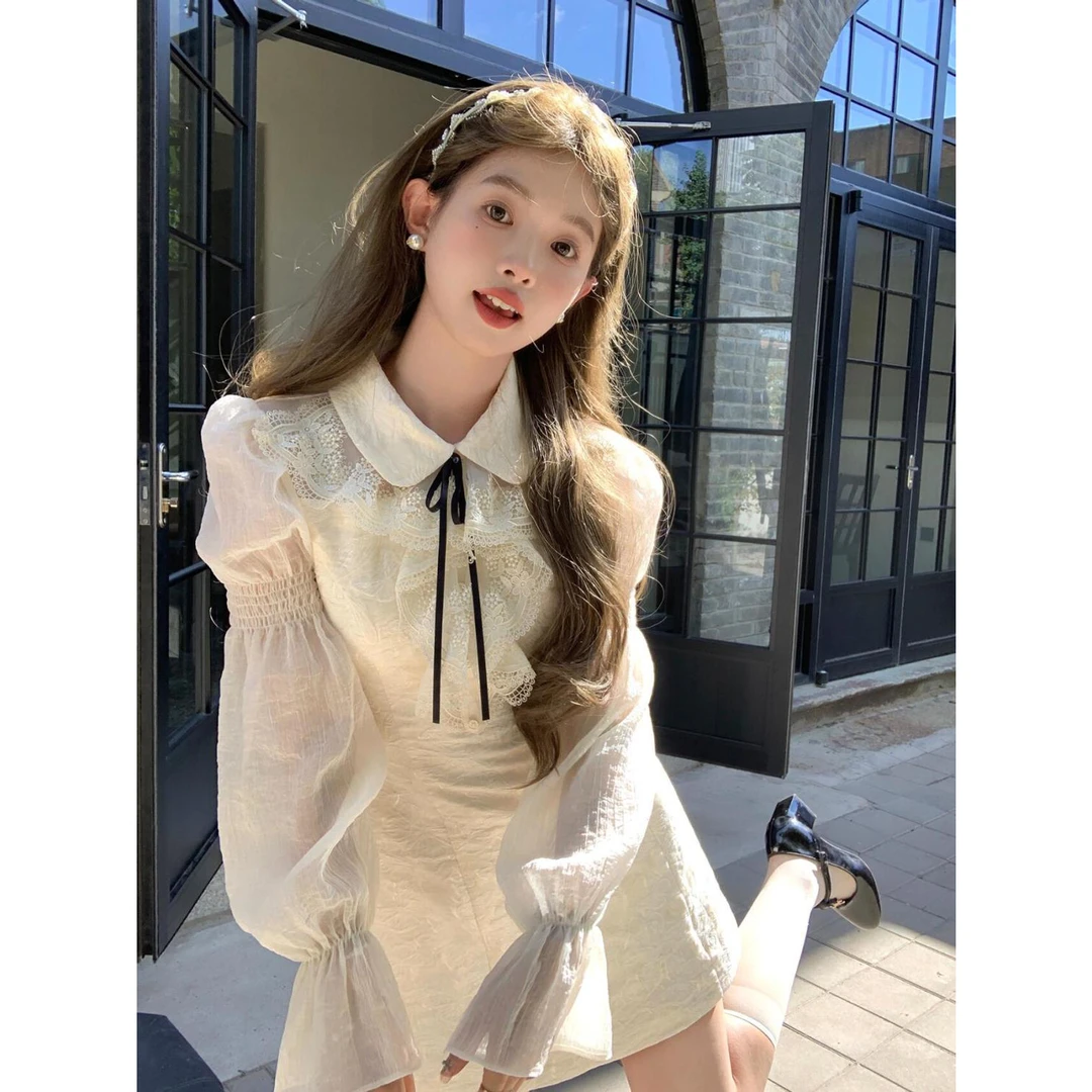 瑞茜南法卢浮公主裙秋季温柔风长袖衬衫连衣裙精致刺绣小香风短裙
