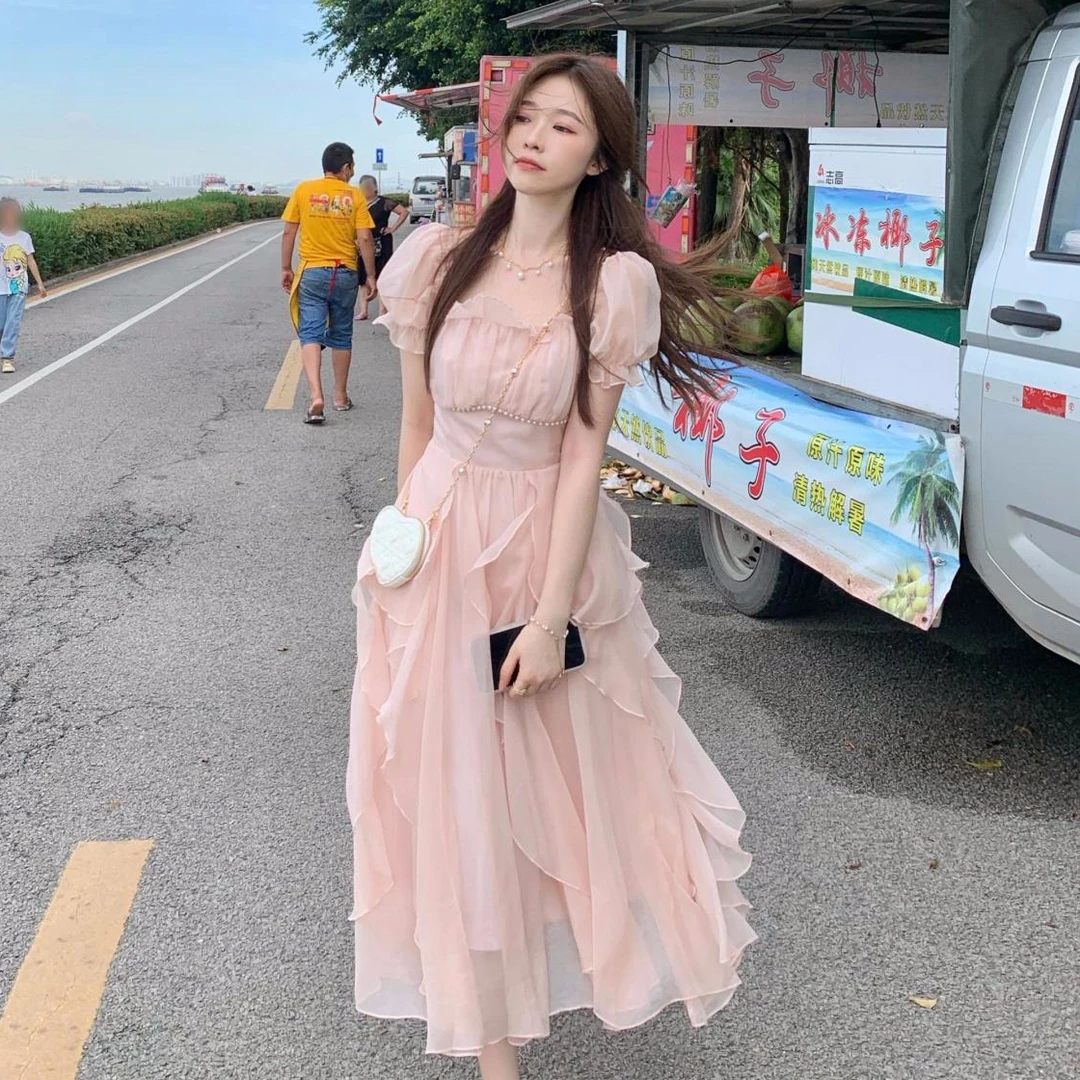 白里小个子长裙遮肉荷叶边仙女裙绝美气质温柔风连衣裙短袖蜜桃粉