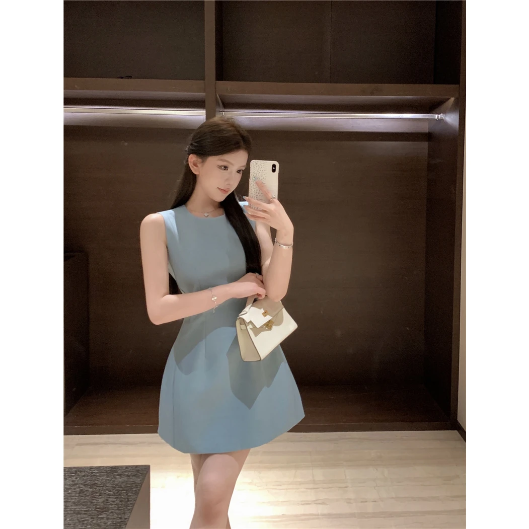 实拍~ 圆领收腰无袖背心连衣裙女夏季简约法式气质高级修身短裙
