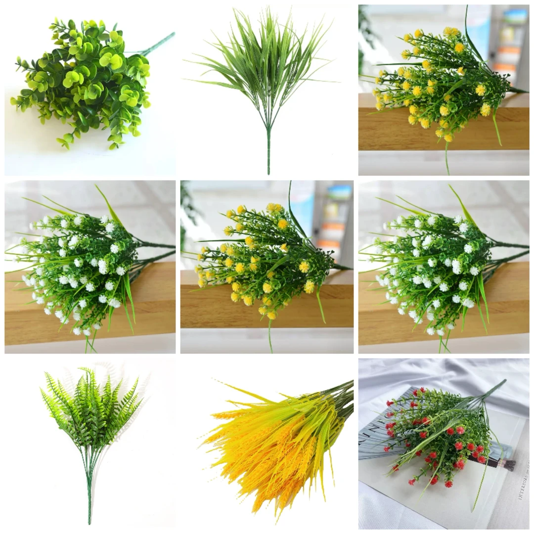 仿真绿植尤加利草满天星小塑料花，7叉小塑料花绿植盆栽配件仿真花