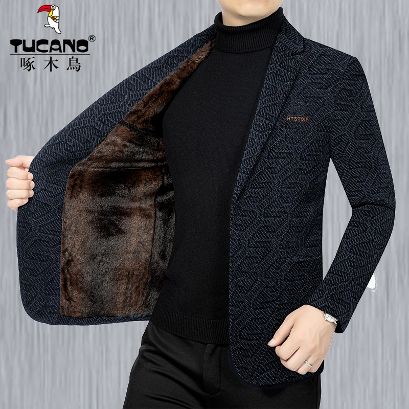 啄木鸟新款男装男士加绒加厚休闲西服中年高档修身西装秋冬外套