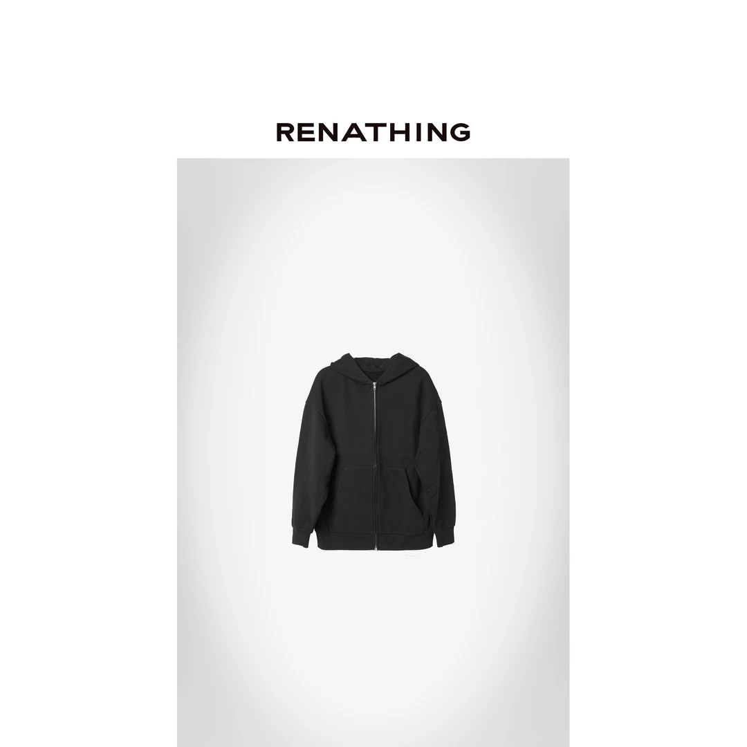 【RENATHING】黑色连帽宽松休闲卫衣外套