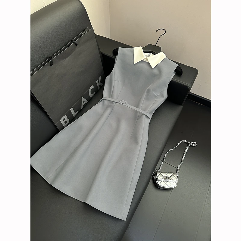夏季轻熟高端精致高级感气质轻职风收腰衬衫领连衣裙女短裙背心裙