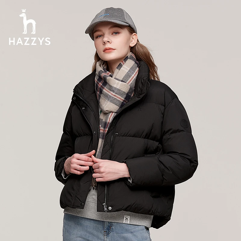 【鸭绒】Hazzys哈吉斯短款立领羽绒服女士冬季黑色外套上衣