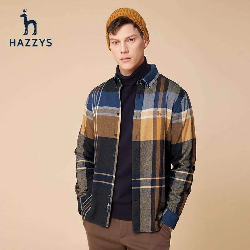 Hazzys哈吉斯男士长袖衬衫秋冬纯棉磨毛格纹经典衬衣男潮流上衣
