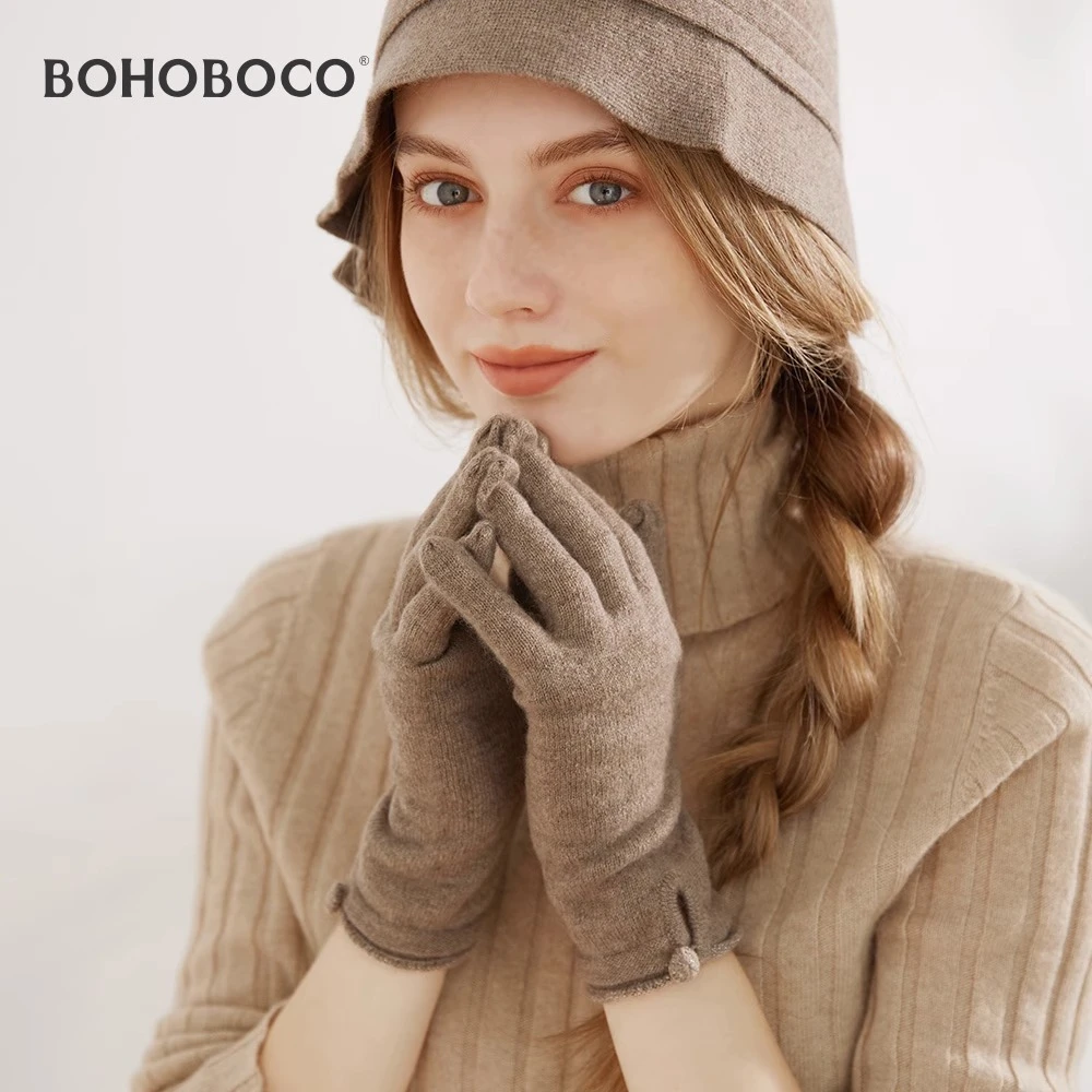 BOHOBOCO纯山羊绒手套女孩冬季针织扣扣手套女秋冬保暖薄款学生