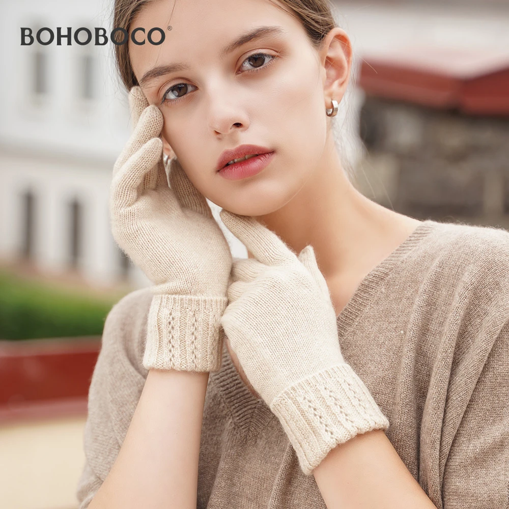 BOHOBOCO纯羊绒翻边针织手套女秋冬ins可爱保暖薄毛线五指手套潮