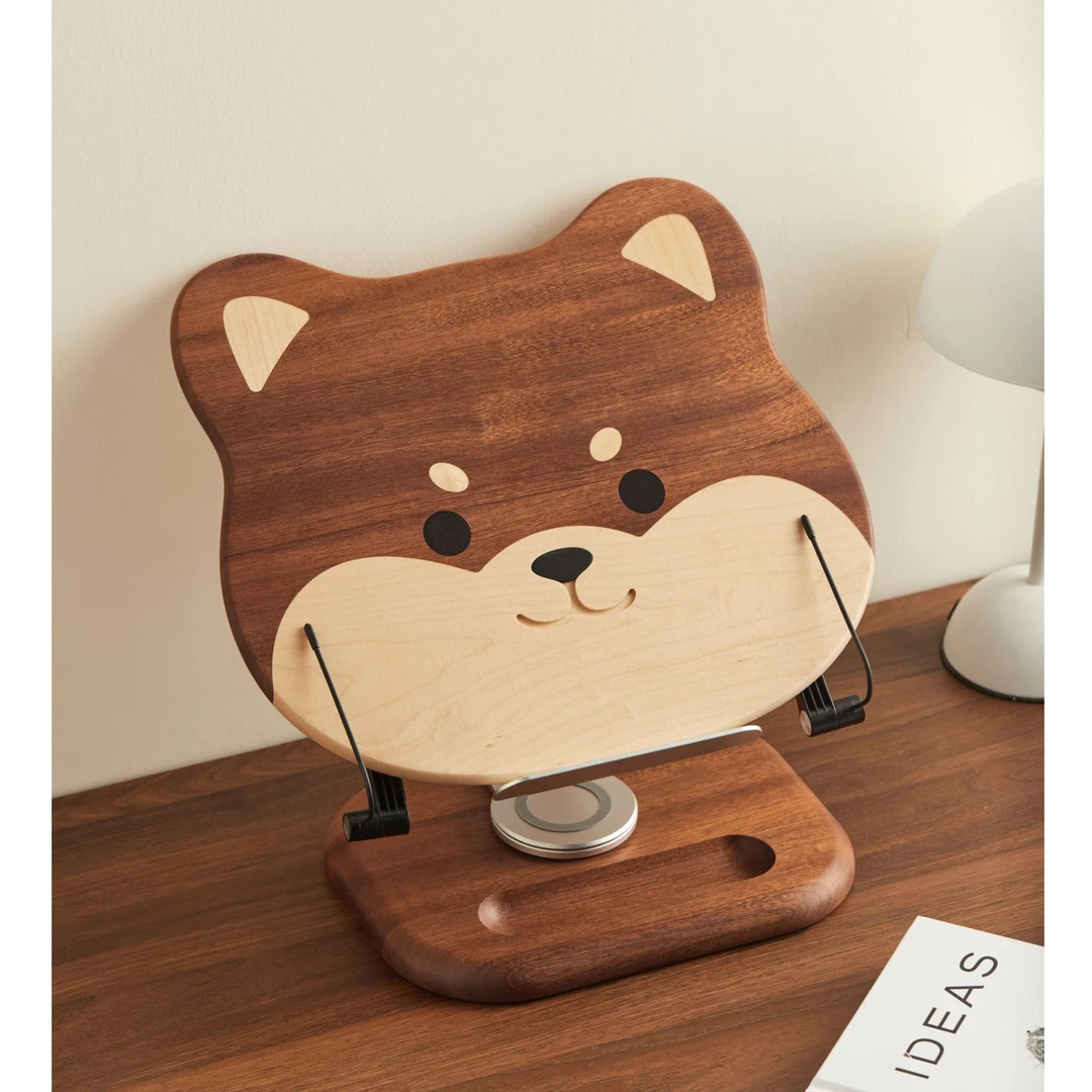 微瑕纹路实木柴犬电脑支架升降旋转桌面阅读书架创意增高礼品摆件