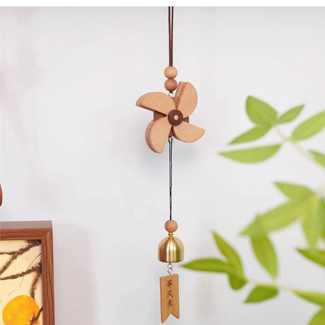 木质风铃创意新中式风车简约治愈系黄铜金属风铃手工家居装饰摆件