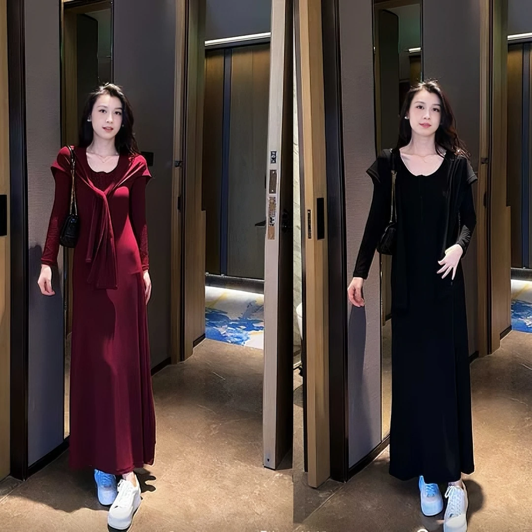 显瘦气质长袖休闲连衣裙+披肩套装女秋季新款时尚显瘦修身两件套