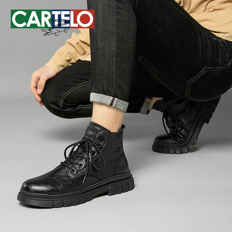 卡帝乐鳄鱼2025秋季真皮高帮时尚马丁靴英伦休闲厚底中帮工装男鞋