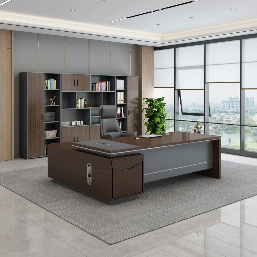 时尚老板办公桌椅柜全套组合办公室现代简约大班台胡桃木色老板桌