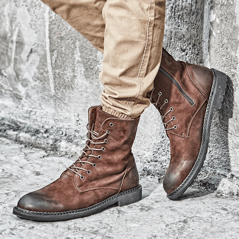 马丁靴靴子男潮英伦风中帮男鞋厚底工装加绒复古真皮春季高帮皮靴