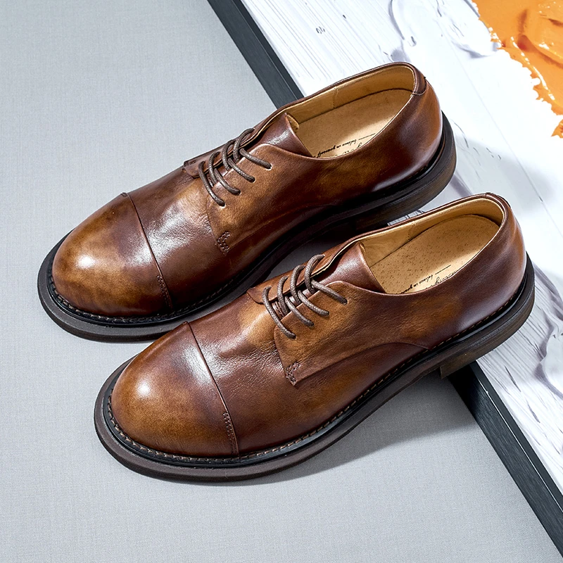 三接头手工商务皮鞋休闲男皮鞋真皮男士低帮圆头时尚正装男鞋