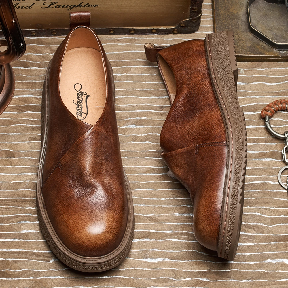 【清仓】阿美咔叽美式英伦真皮男士圆头懒人厚底鞋英伦风男鞋PWD5